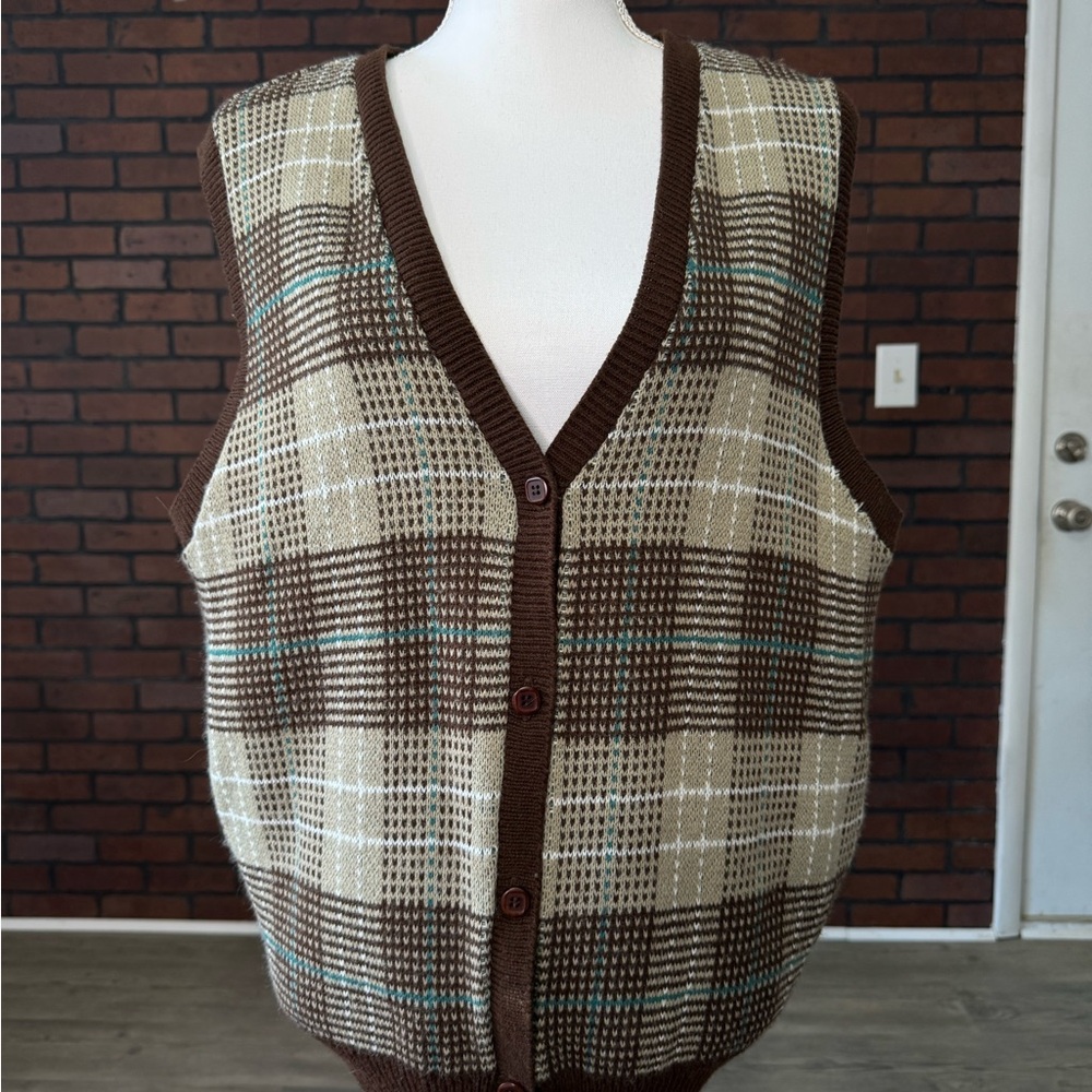 Vintage Nikki Plaid Sweater Vest Cardigan‎ Brown Cream Knit USA Medium